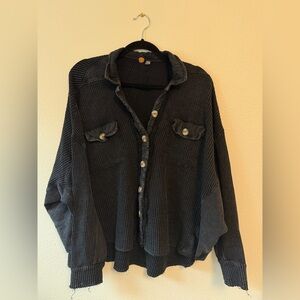 Black Button-Up Waffle Knit Jacket Free People